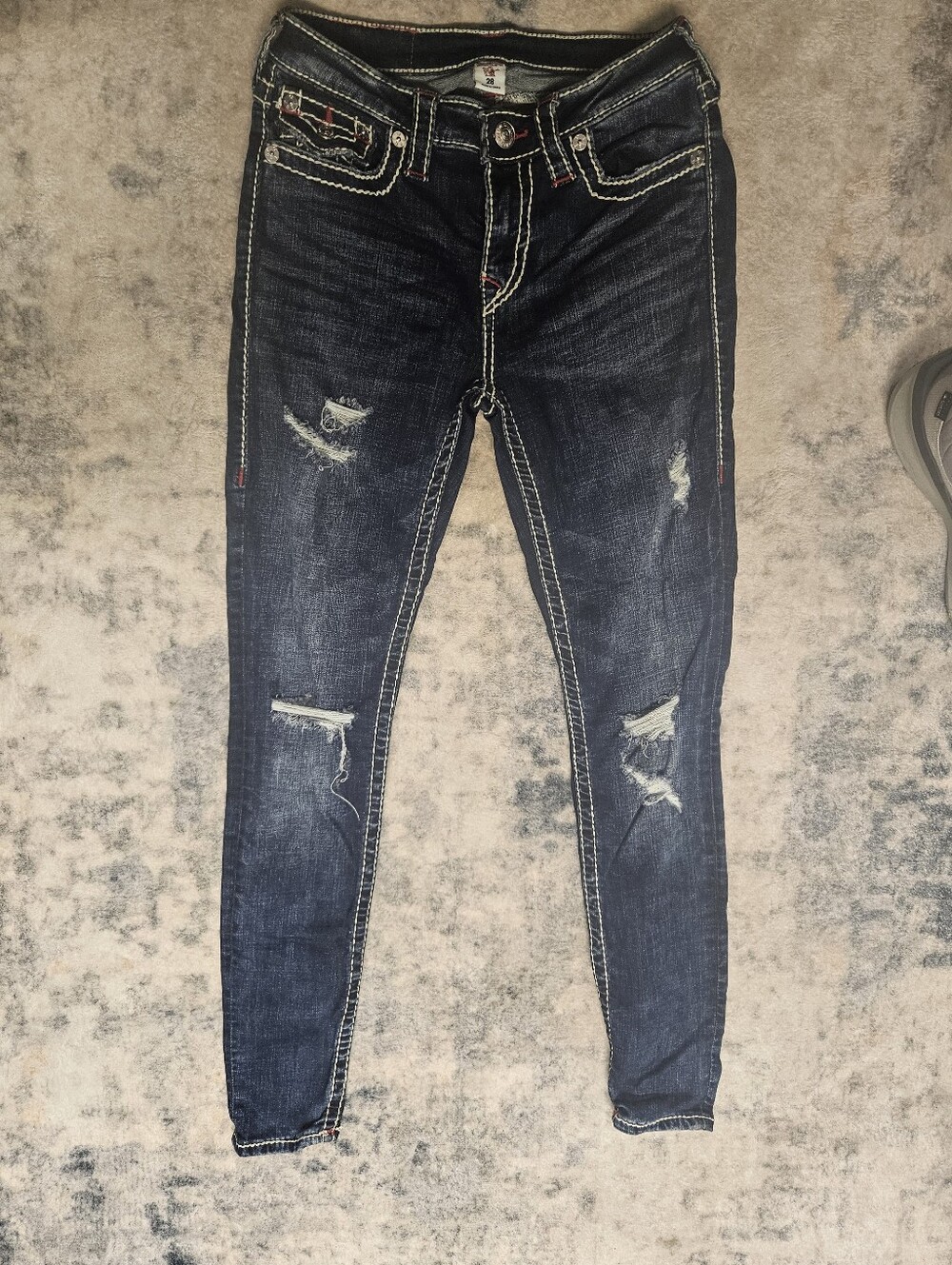 Vintage True Religion Distressed Slim Fit Jeans With Contrast Stitch
